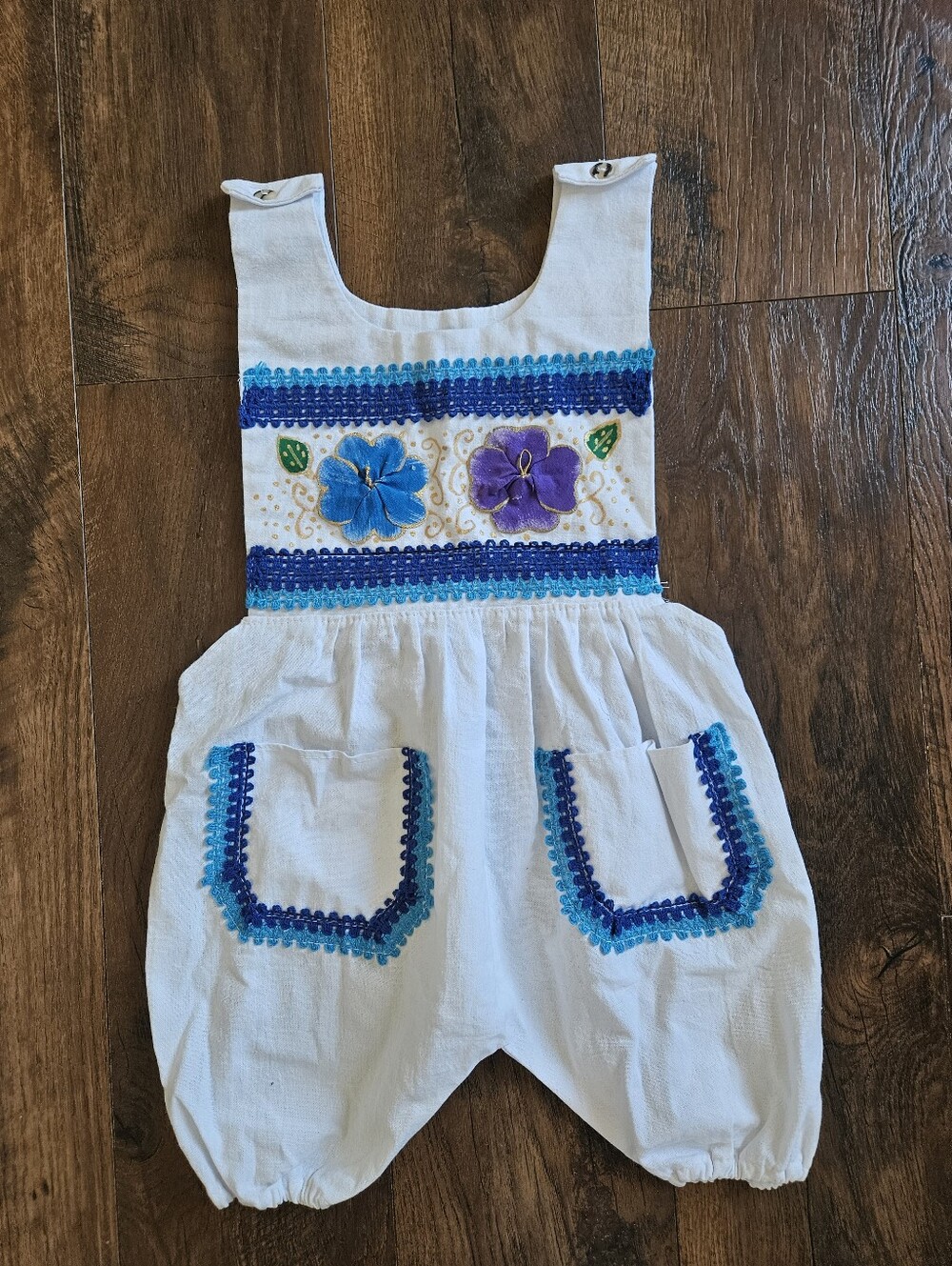 White Baby Girls' Embroidered Floral Romper with Blue Trim